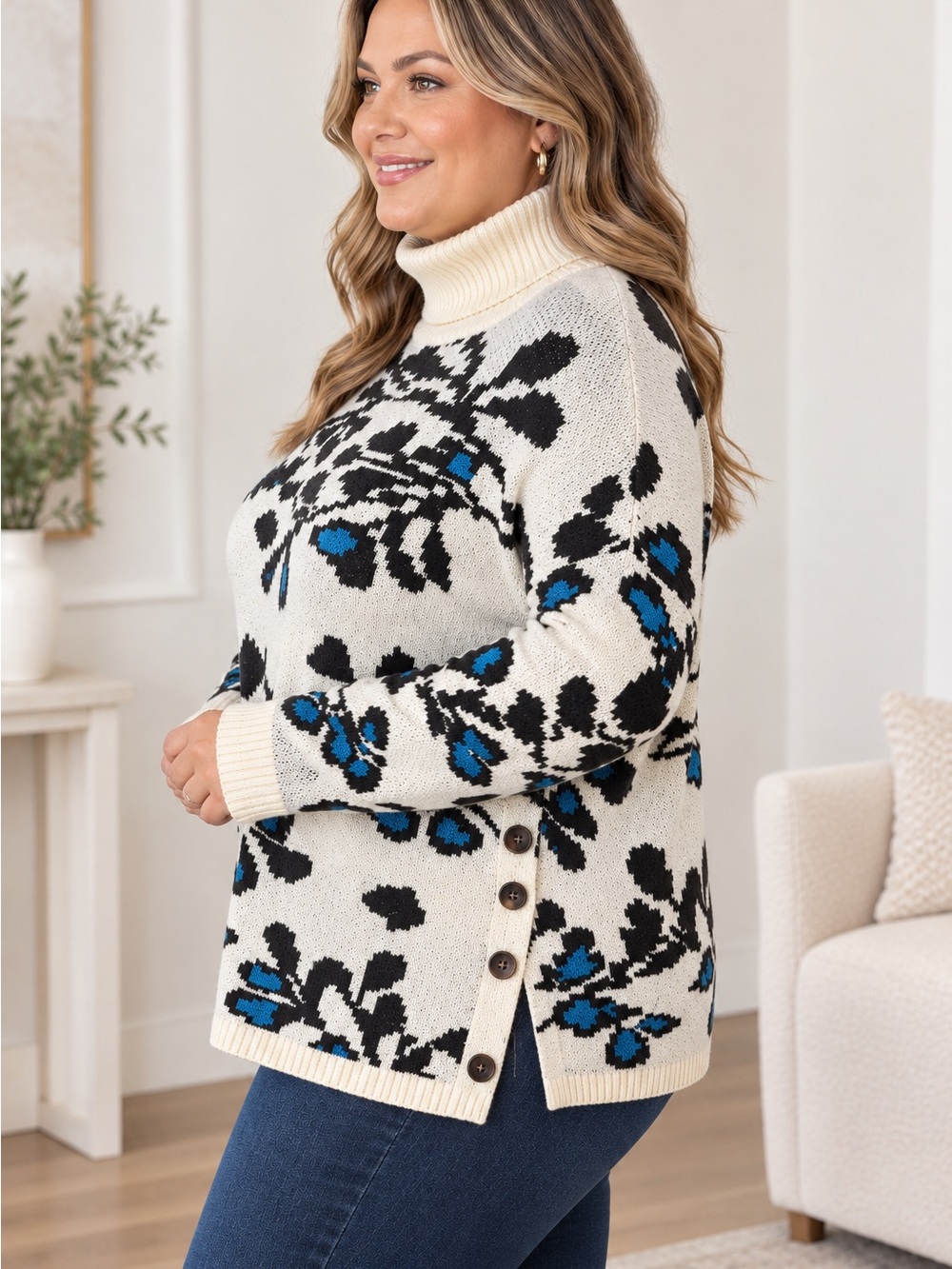 Ivory Floral Turtleneck Sweater with Blue & Black Accents